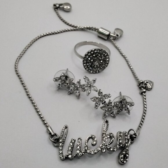 Faux Rhinestone & Silver Jewelry Set: Bracelet, Stud Earrings, Boho Dangles - Picture 3 of 3